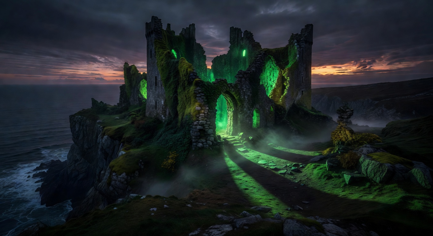 Ancient Celtic castle ruins at dusk with a magical emerald glow