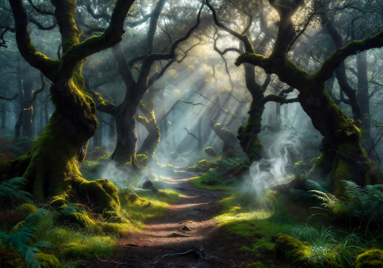 Mystical Irish forest path bathed in ethereal light